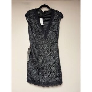 Bebe Oliver Lace Dress Womens Size 4 Black Silver NEW Metallic Floral V-Neck